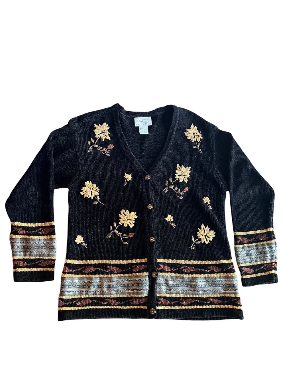 VTG Talbots Petites M Black Floral Embroidered Cardigan‎ Sweater Fall Whimsigoth